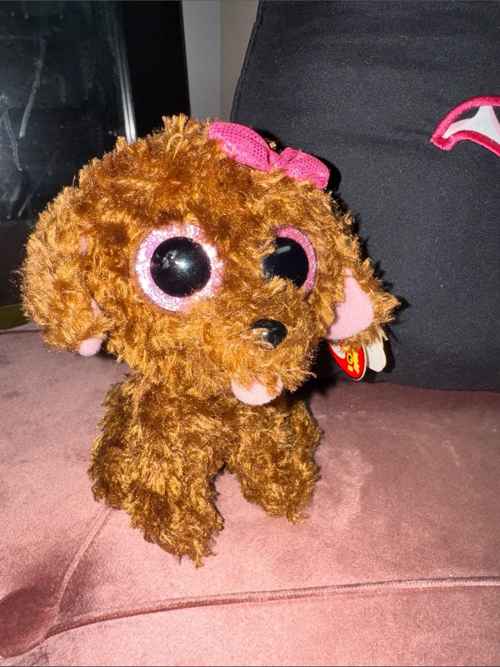 ty beanie boo maddie the brown & pink puppy dog with bow plush.